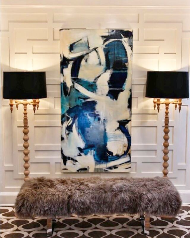 Still one of my favorite paneled walls.  My design vision brought to life by @eliteremodelinganddevelopment  Paired with a painting from @rachelvolpone, lamps from @dunesandduchess and a rug from @palace_rugs_wilton. It's the design dream team! 

#paneledwalls #fretwork #fretworkwalls #fretworkpanels #foyerdesign #foyerinspo #dunesandduchess #statementlamp #artistsoninstagram #foyerart #rachelvolpone #arearug #foyerrug #palaceorientalrugs #mollyhirschinteriors